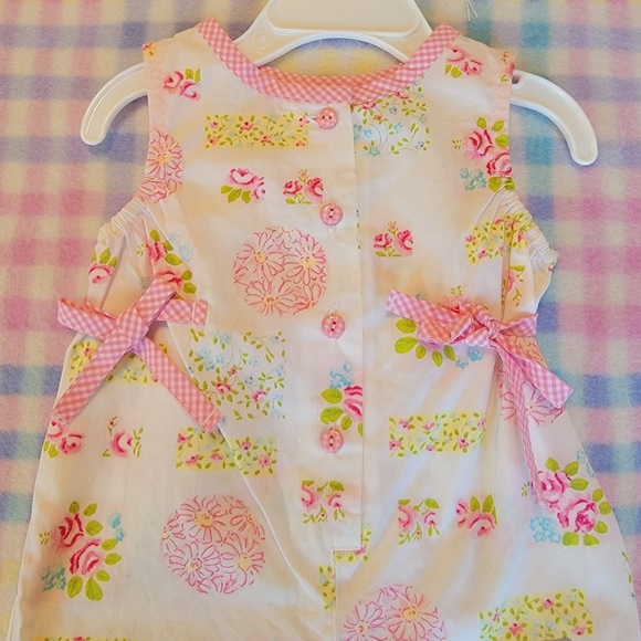 KRU LAYETTE 💐 Sweet Little Pink 'n Green Floral Sleeveless Romper w/Bows  0-3M - Picture 6 of 16